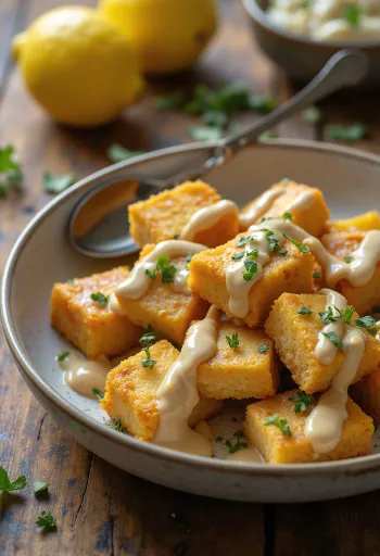 Tofu asado con aderezo de tahini y limón, perejil y sésamo.