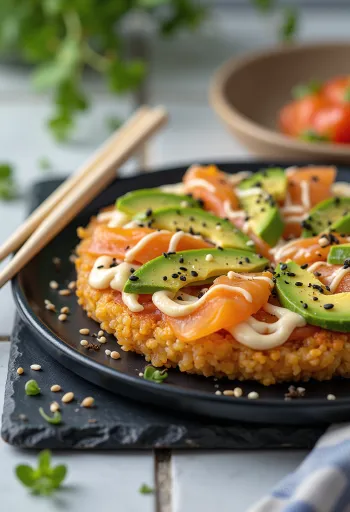 Sushi pizza con base de arroz japonés, salmón y aguacate
