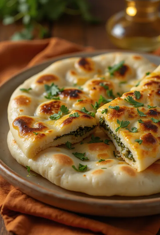 Naan relleno de patata y espinacas, pan indio casero