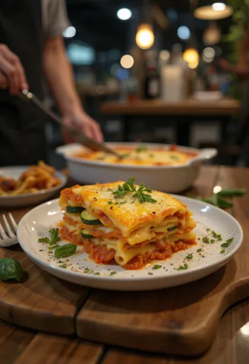 Lasaña de verduras con queso vegano servida