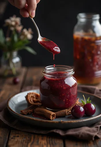 Salsa de ciruelas al chili y canela servida.