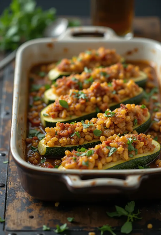 Calabacines rellenos veganos especiados servidos