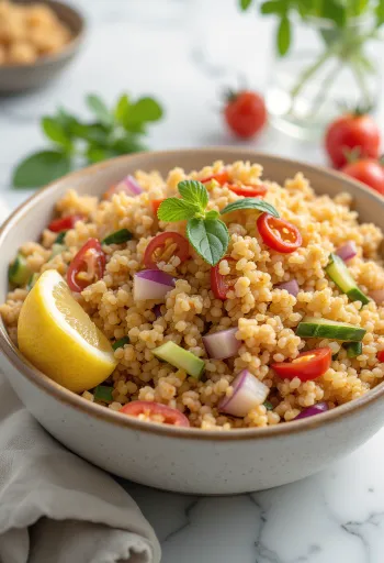 Kısır picante servido con verduras frescas y perejil