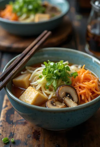 Ramen estilo Kioto con caldo vegetal suave, tofu y huevo