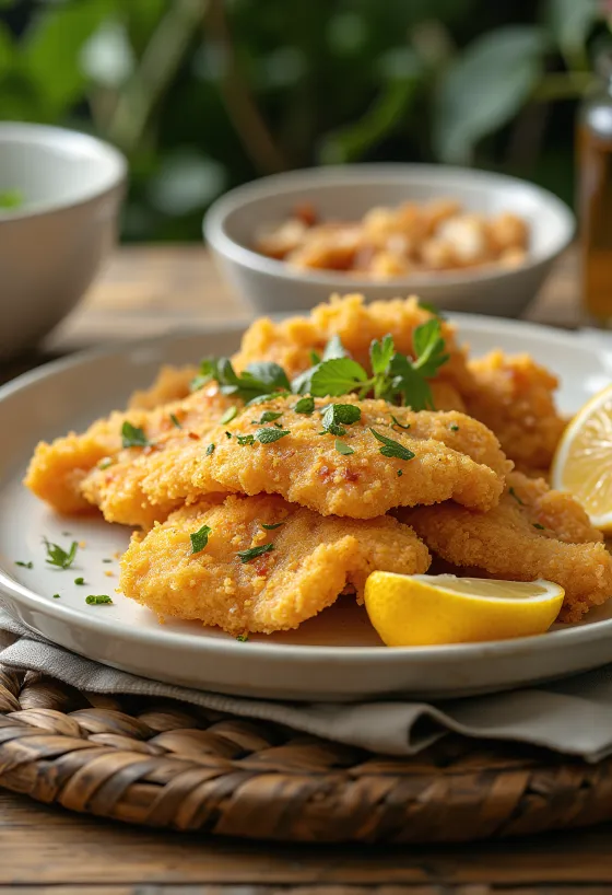 Filete de siluro empanado frito en grasa de pato, decorado con limón y perejil