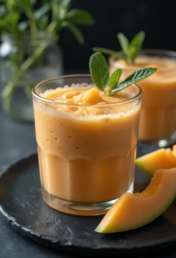 Smoothie de melón cantalupo servido en vaso