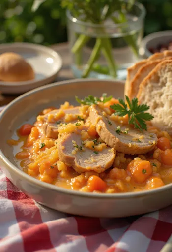 Aguja de cerdo con lecsó cremoso servida