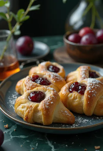 Medialunas caseras frescas rellenas de mermelada de ciruela, espolvoreadas con azúcar glas.