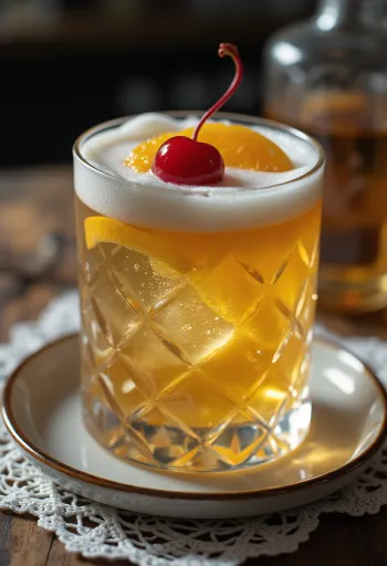Cóctel Whisky Sour decorado con rodaja de naranja y guinda