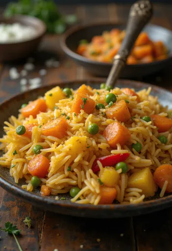 Arroz con verduras y especias tandoori servido