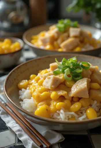 Oyakodon con maíz, servido con pollo a la parrilla y cilantro fresco