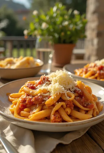 Pasta con berenjena servida con jugosa salsa de tomate y albahaca fresca