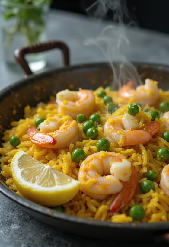 Paella española con mariscos frescos, verduras y azafrán