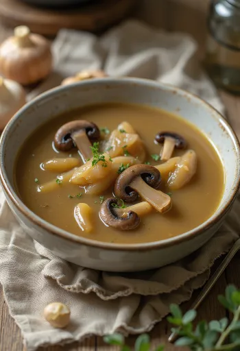 Crema de puerro y champiñones servida con láminas de champiñón fresco