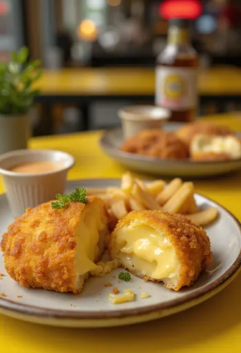 Queso frito dorado, con rebozado crujiente y servido con rodajas de limón
