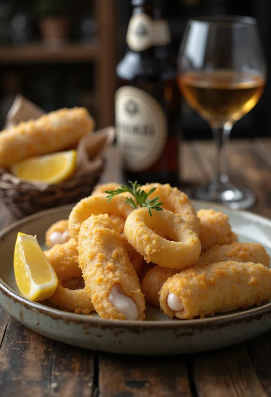 Calamares rellenos de cerdo empanados y crujientes con limón y perejil