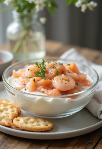 Skagenröra con yogur, pescado fresco y especias servido