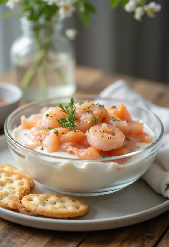 Skagenröra con yogur, pescado fresco y especias servido