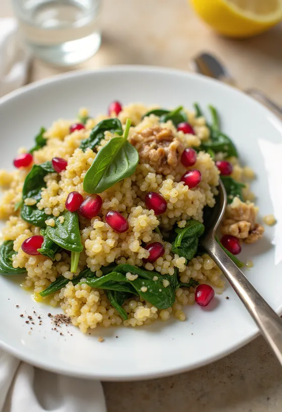 Ensalada de quinoa y espinacas con granada