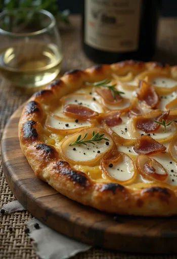 Tarte flambée con crema, cebolla y panceta