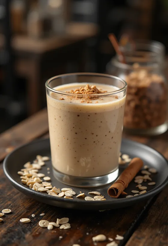 Batido de avena en vaso alto, decorado con copos de avena y canela