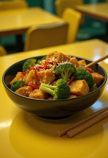 Wok de tofu con verduras y cilantro fresco servido