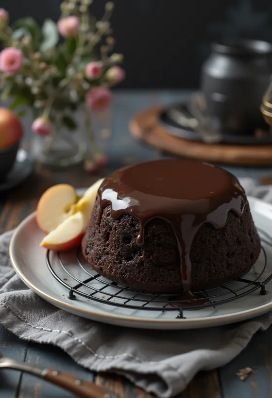 Tarta de chocolate y manzana presentada elegantemente