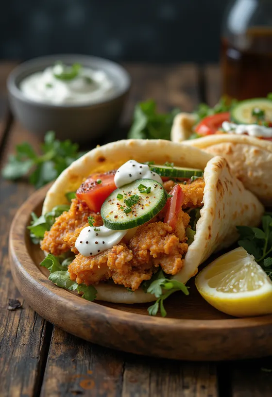 Gyros de pollo servido con verduras frescas, salsa tzatziki y pan de pita.