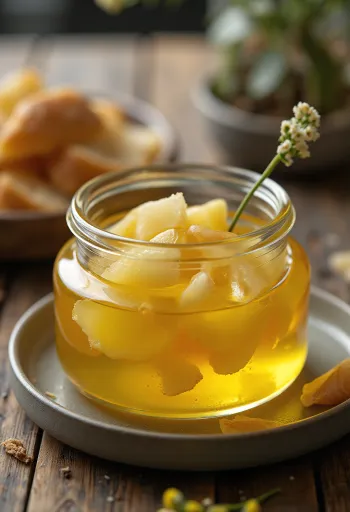 Ghee de ajo dorado y limpio en un tarro, con ajos confitados y romero