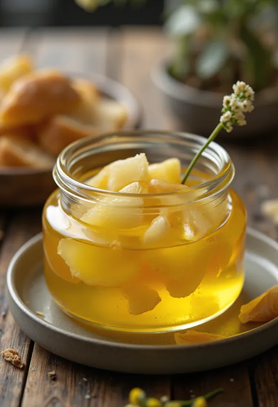 Ghee de ajo dorado y limpio en un tarro, con ajos confitados y romero
