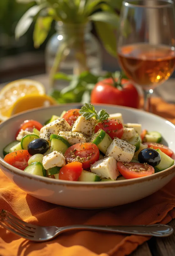 Ensalada griega con dados de tofu tostado