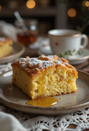 Bizcocho de jengibre dorado, textura tierna, espolvoreado con azúcar glas.