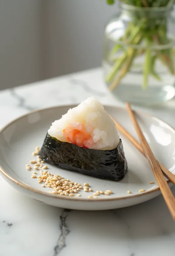 Onigiri triangular envuelto con nori y cubierto de sésamo
