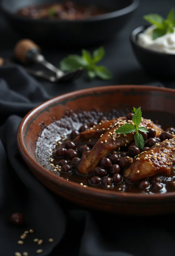Mole chichilo oscuro servido con pollo, nata fresca y almendras
