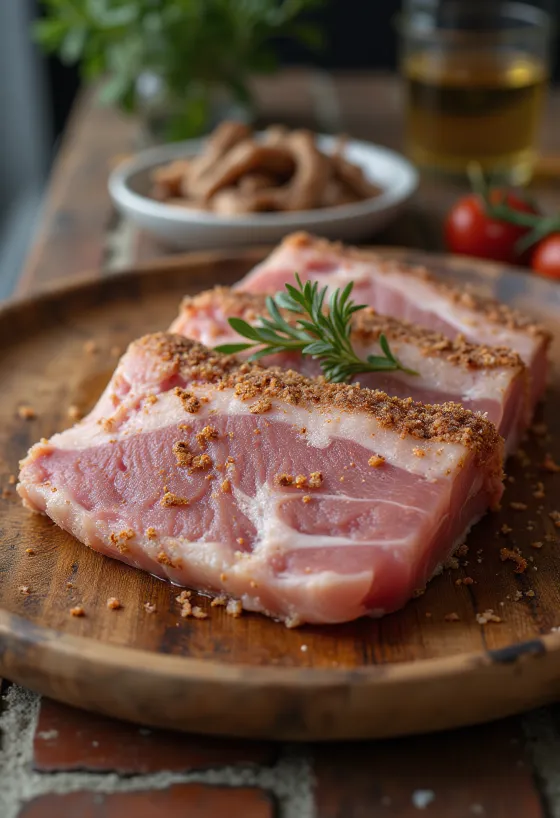 Panceta curada a la sal servida en tabla de madera