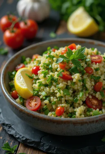 Tabulé con ajo servido con verduras frescas y bulgur