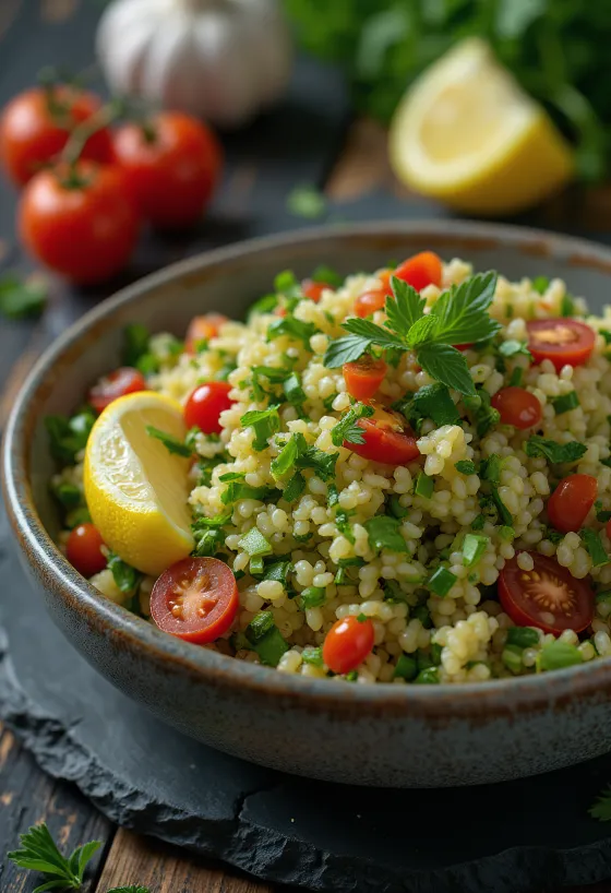 Tabulé con ajo servido con verduras frescas y bulgur