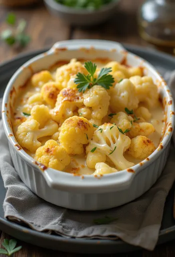 Plato de coliflor cremosa servido con hierbas frescas.