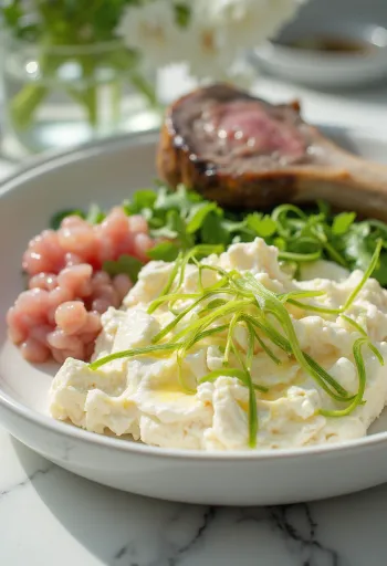 Tirokafteri con menta, rica crema de queso feta servida con pan de pita y verduras