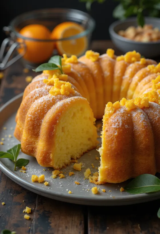 Bundt cake de requesón y naranja servido