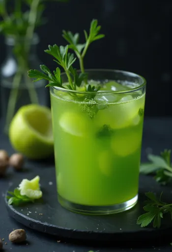 Zumo de apio en vaso alto, decorado con ramas de apio y fruta