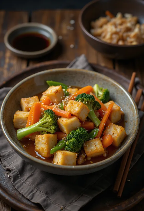 Salteado de tofu con verduras al wok servido