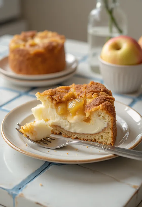 Tarta de requesón y manzana decorada con manzana y canela