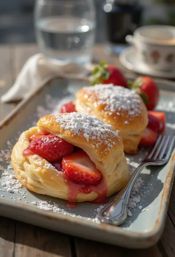 Strudel de fresas recién horneado y crujiente, espolvoreado con azúcar glas.