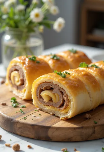 Rollo de carne dorado al horno, servido con verduras frescas y salsa.