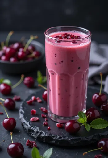 Bebida de kéfir con cerezas servida en vasos, bebida cremosa de color rosa pálido con trozos de cereza