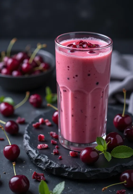 Bebida de kéfir con cerezas servida en vasos, bebida cremosa de color rosa pálido con trozos de cereza