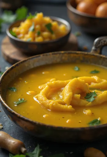 Rasam servido en caldo rico y especiado con pulpa de grosella y hojas de cilantro frescas