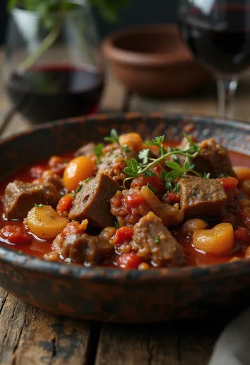 Stifado, estofado griego de ternera servido
