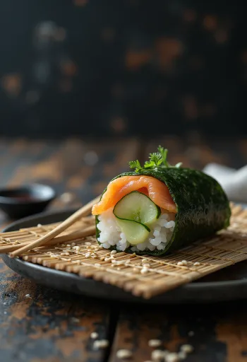 Temaki con pepino, pescado fresco y decoración de sésamo